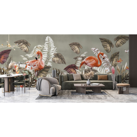 Panoramic Wallpaper - Wall Mural - Pink flamingos