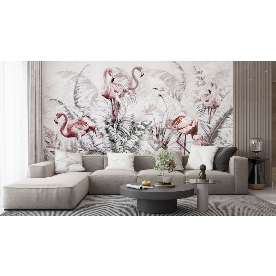 Panoramic Wallpaper - Wall Mural - Pink flamingos