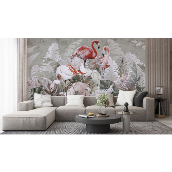 Panoramic Wallpaper - Wall Mural - Pink flamingos