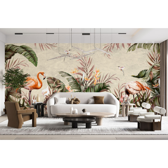 Panoramic Wallpaper - Wall Mural - Pink flamingos