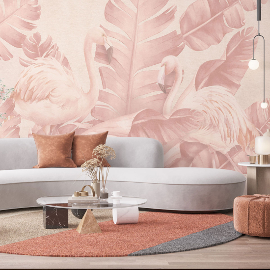 Panoramic Wallpaper - Wall Mural - Pink flamingos