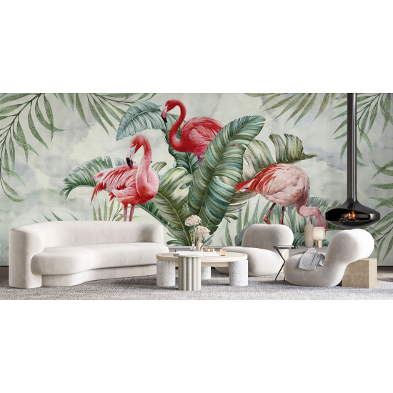 Panoramic Wallpaper - Wall Mural - Pink flamingos