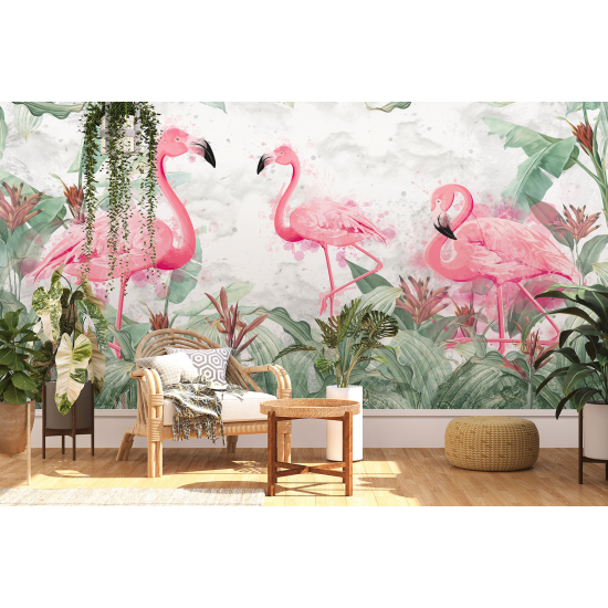 Panoramic Wallpaper - Wall Mural - Pink flamingos