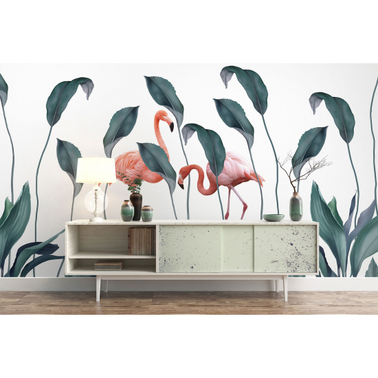 Panoramic Wallpaper - Wall Mural - Pink flamingos