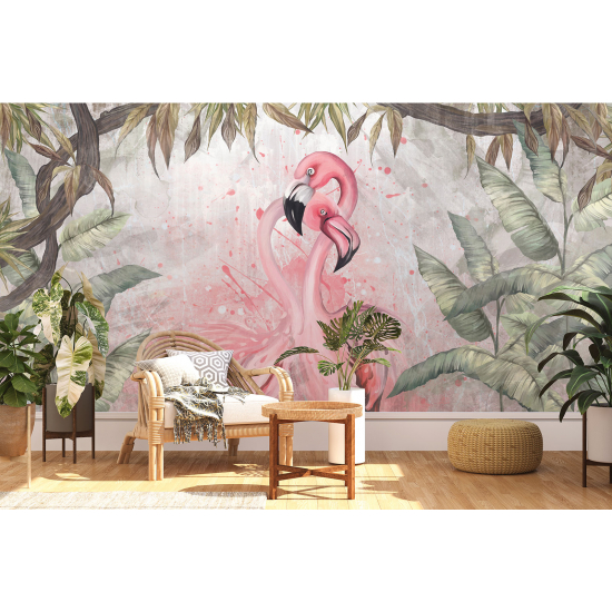 Panoramic Wallpaper - Wall Mural - Pink flamingos