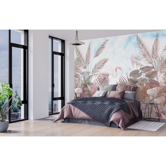 Panoramic Wallpaper - Wall Mural - Pink flamingos