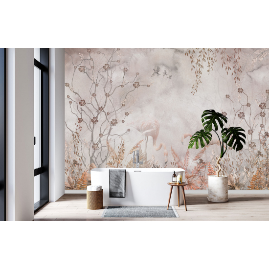 Panoramic Wallpaper - Wall Mural - Pink flamingos