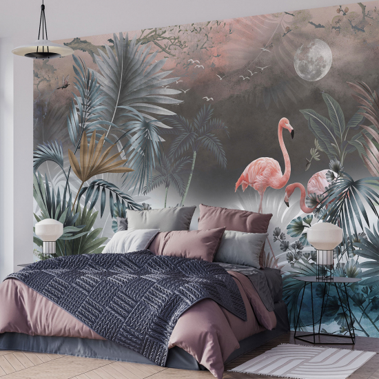 Panoramic Wallpaper - Wall Mural - Pink flamingos