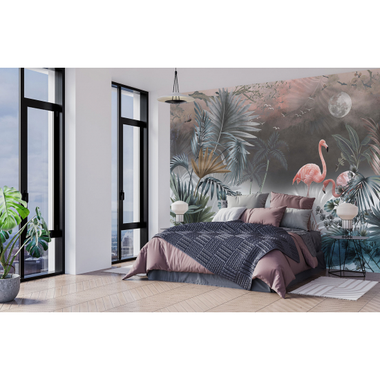 Panoramic Wallpaper - Wall Mural - Pink flamingos