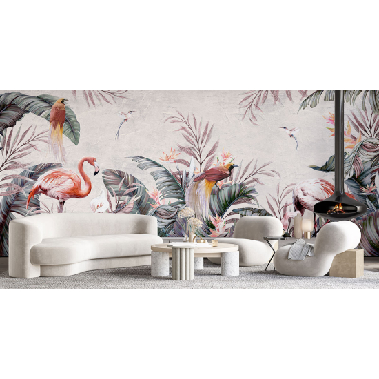 Panoramic Wallpaper - Wall Mural - Pink flamingos Birds