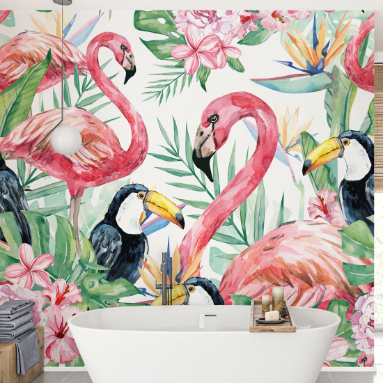 Panoramic Wallpaper - Wall Mural - Pink flamingos toucans