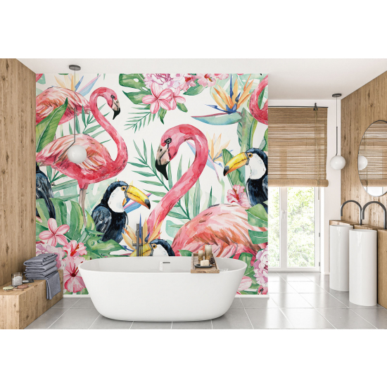 Panoramic Wallpaper - Wall Mural - Pink flamingos toucans