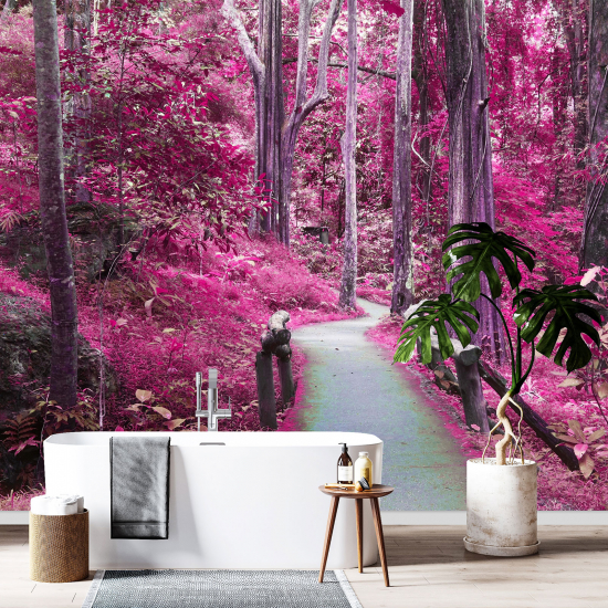 Panoramic Wallpaper - Wall Mural - Pink Flowers Path