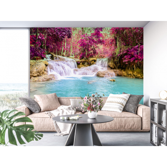 Panoramic Wallpaper - Wall Mural - Pink Flowers Waterfalls