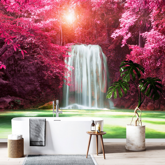 Panoramic Wallpaper - Wall Mural - Pink Leaves Waterfall