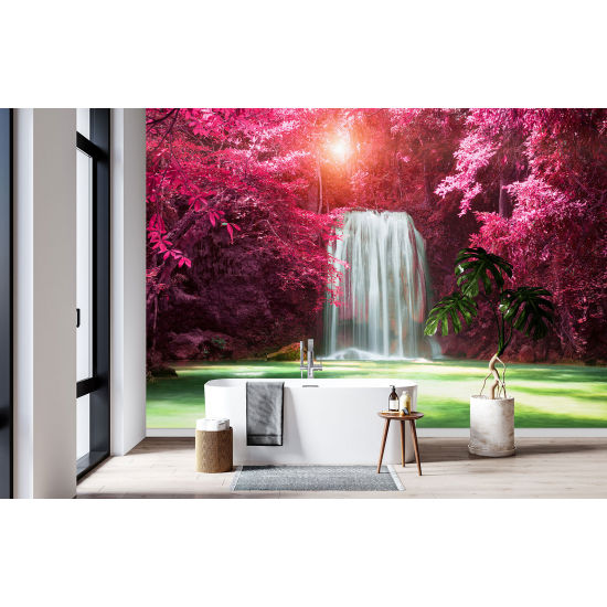 Panoramic Wallpaper - Wall Mural - Pink Leaves Waterfall