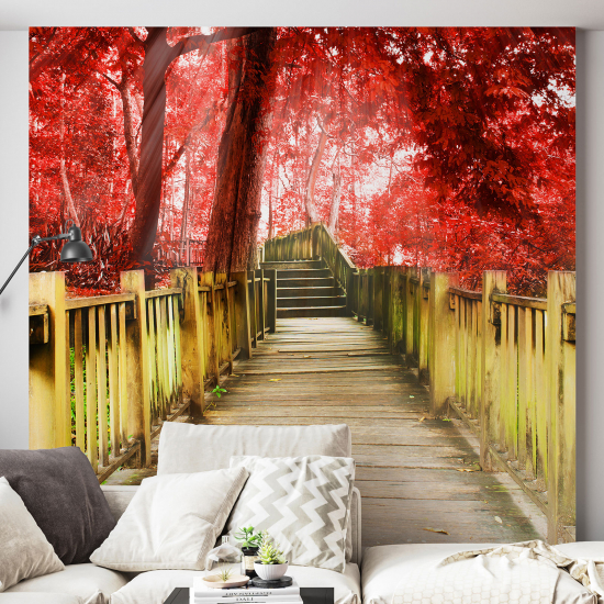 Panoramic Wallpaper - Wall Mural - Red Flowers Stairs