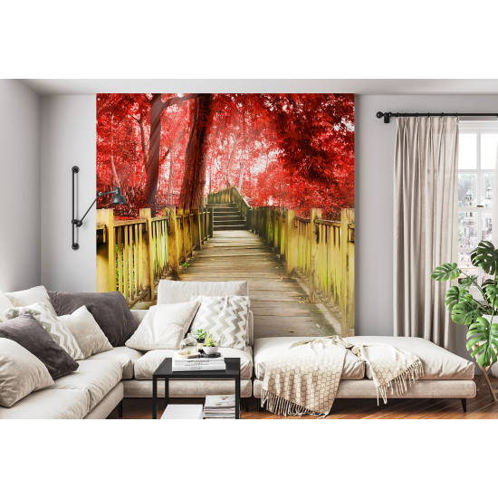 Panoramic Wallpaper - Wall Mural - Red Flowers Stairs