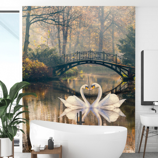 Panoramic Wallpaper - Wall Mural - Swans on Lake