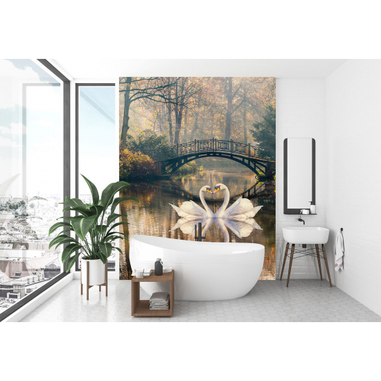 Panoramic Wallpaper - Wall Mural - Swans on Lake