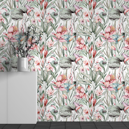 Panoramic Wallpaper - Wall Mural - Tropical Flowers Pattern