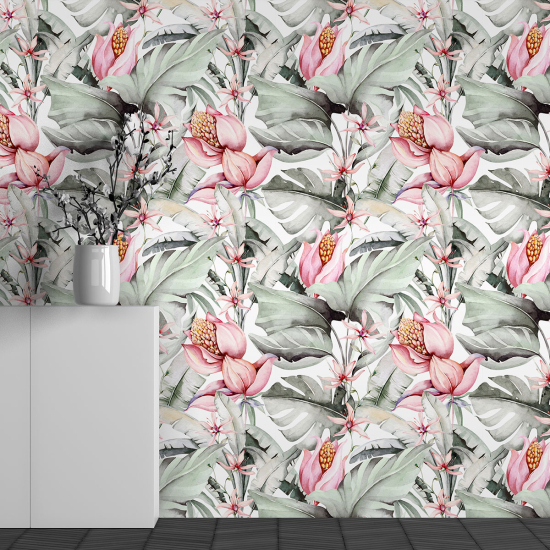 Panoramic Wallpaper - Wall Mural - Tropical Flowers Pattern