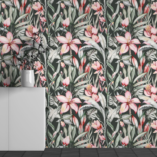 Panoramic Wallpaper - Wall Mural - Tropical Flowers Pattern