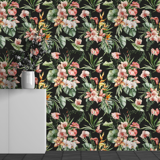 Panoramic Wallpaper - Wall Mural - Tropical Flowers Pattern