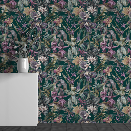 Panoramic Wallpaper - Wall Mural - Tropical Flowers Pattern