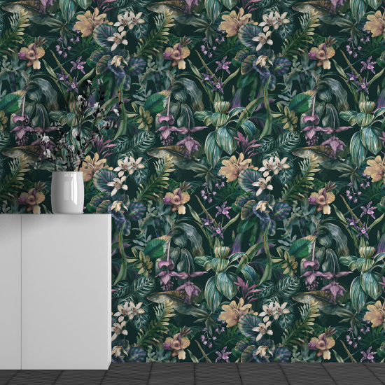 Panoramic Wallpaper - Wall Mural - Tropical Flowers Pattern