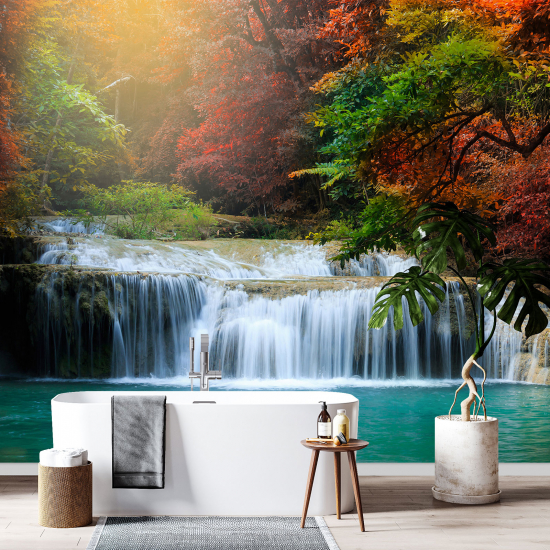 Panoramic Wallpaper - Wall Mural - Waterfalls Forest