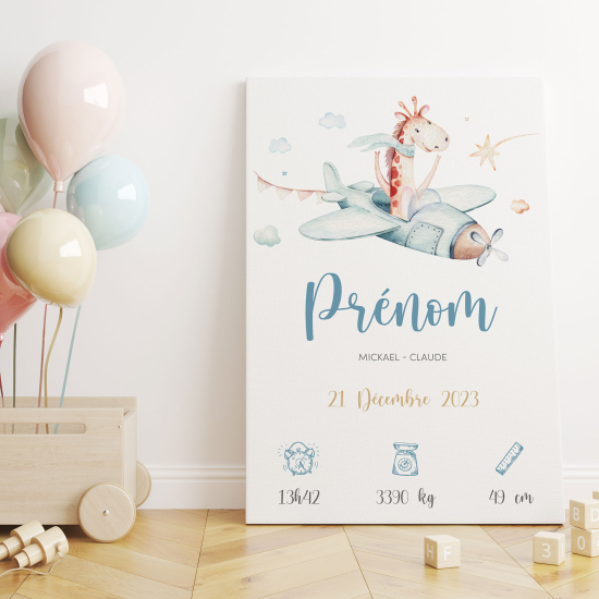 Personalized Baby Birth Canvas Print - Giraffe Plane