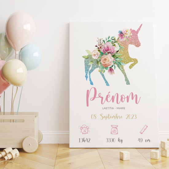 Personalized Baby Birth Canvas Print - Glitter Unicorn