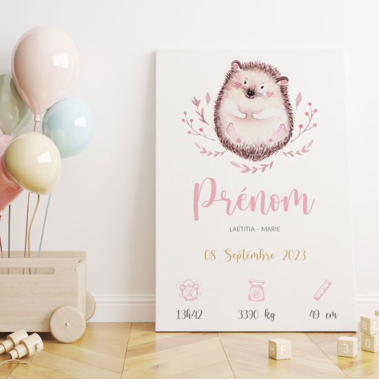 Personalized Baby Birth Canvas Print - Hedgehog