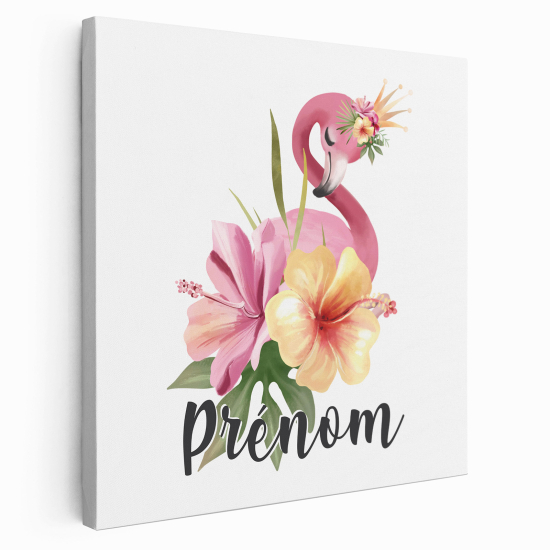 Personalized children's canvas print with name - Pink Flamingo Flowers