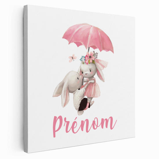 Personalized children's canvas print with name - Umbrella Rabbits