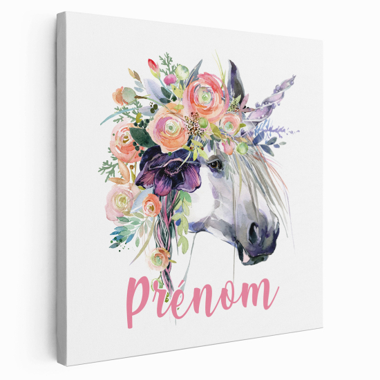 Personalized children's canvas print with name - Unicorn Flowers