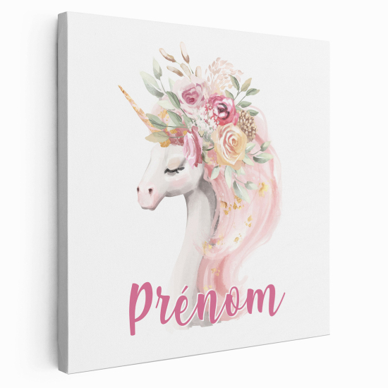 Personalized children's canvas print with name - Unicorn Flowers