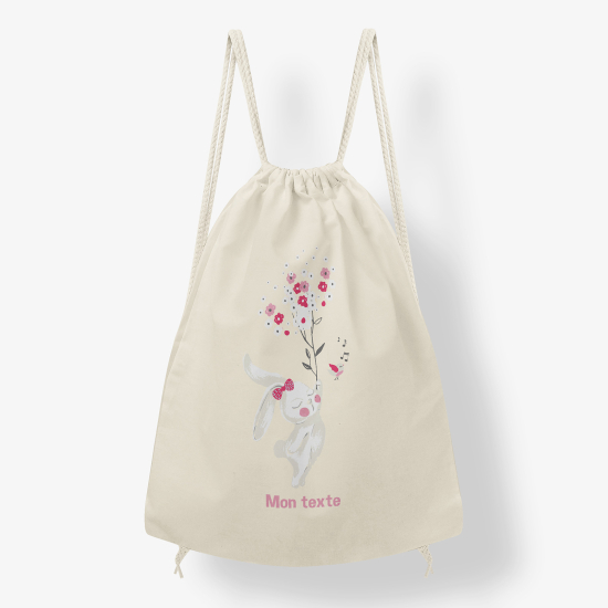 Personalized Drawstring Backpack for Kids - Floral Rabbit