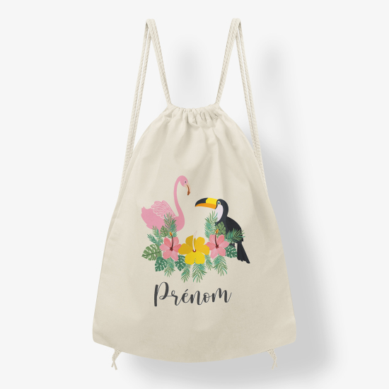 Personalized Drawstring Backpack for Kids - Pink flamingo toucan