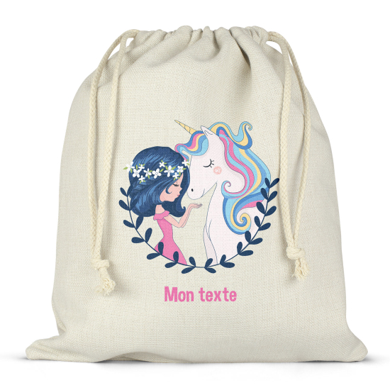 Personalized drawstring bag for kids - Girl and unicorn