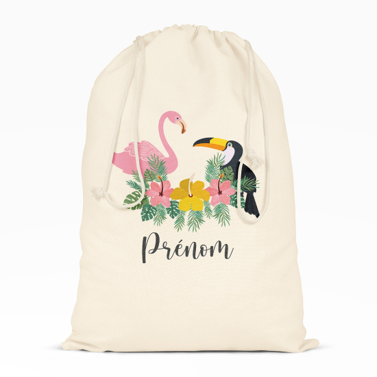 Personalized Drawstring bag for Kids - Pink flamingo and toucan