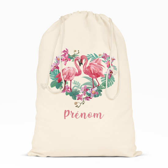 Personalized Drawstring bag for Kids - Pink flamingos heart