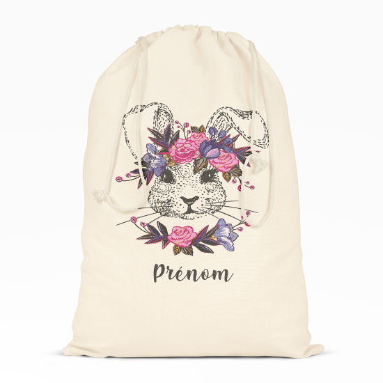 Personalized Drawstring bag for Kids - Rabbit flowers