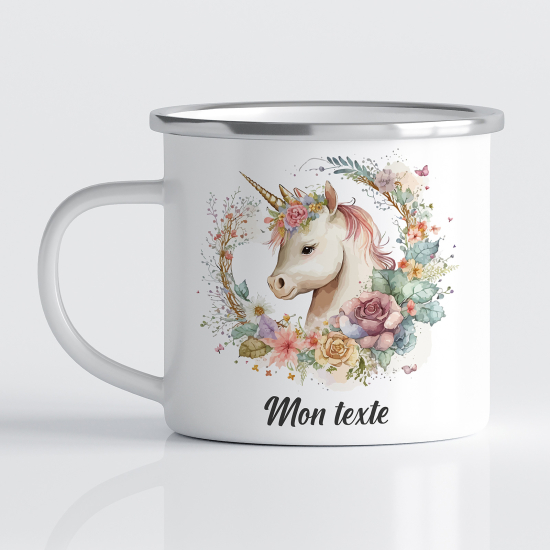 Personalized Enamel Mug for Kids - Floral Unicorn