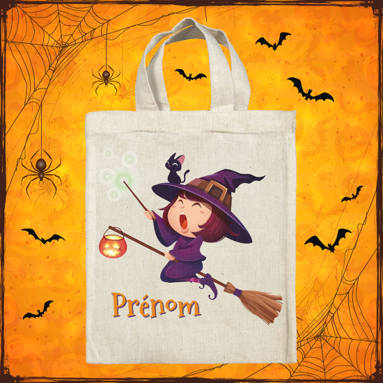 Personalized Halloween bag - Witch on her broomstick