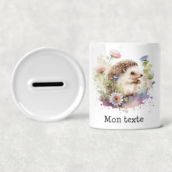 Personalized Kids / Children's Piggy Bank - Hedgehog flowers