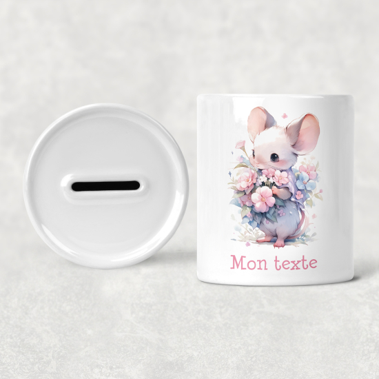 Personalized Kids / Children's Piggy Bank - Mouse flowers