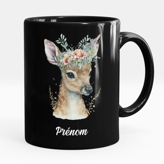 Personalized Mug - Full Black - Fawn flowers