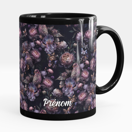 Personalized Mug - Full Black - Flower birds